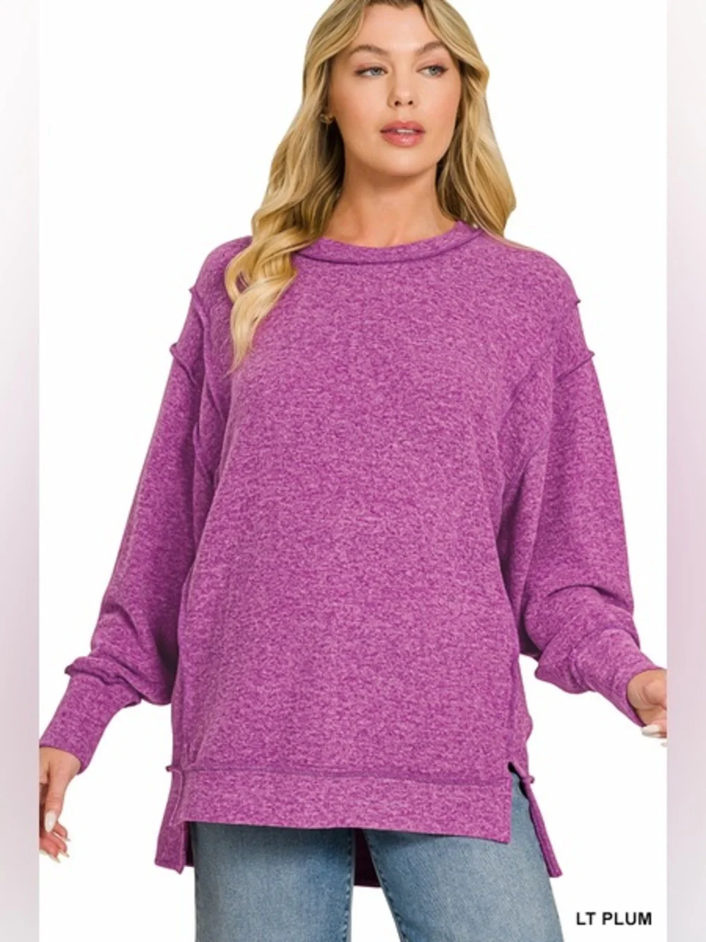 Zenana Violet BRUSHED MELANGE HACCI OVERSIZED EXPOSED-SEAM SWEATER W/SIDE SLIt